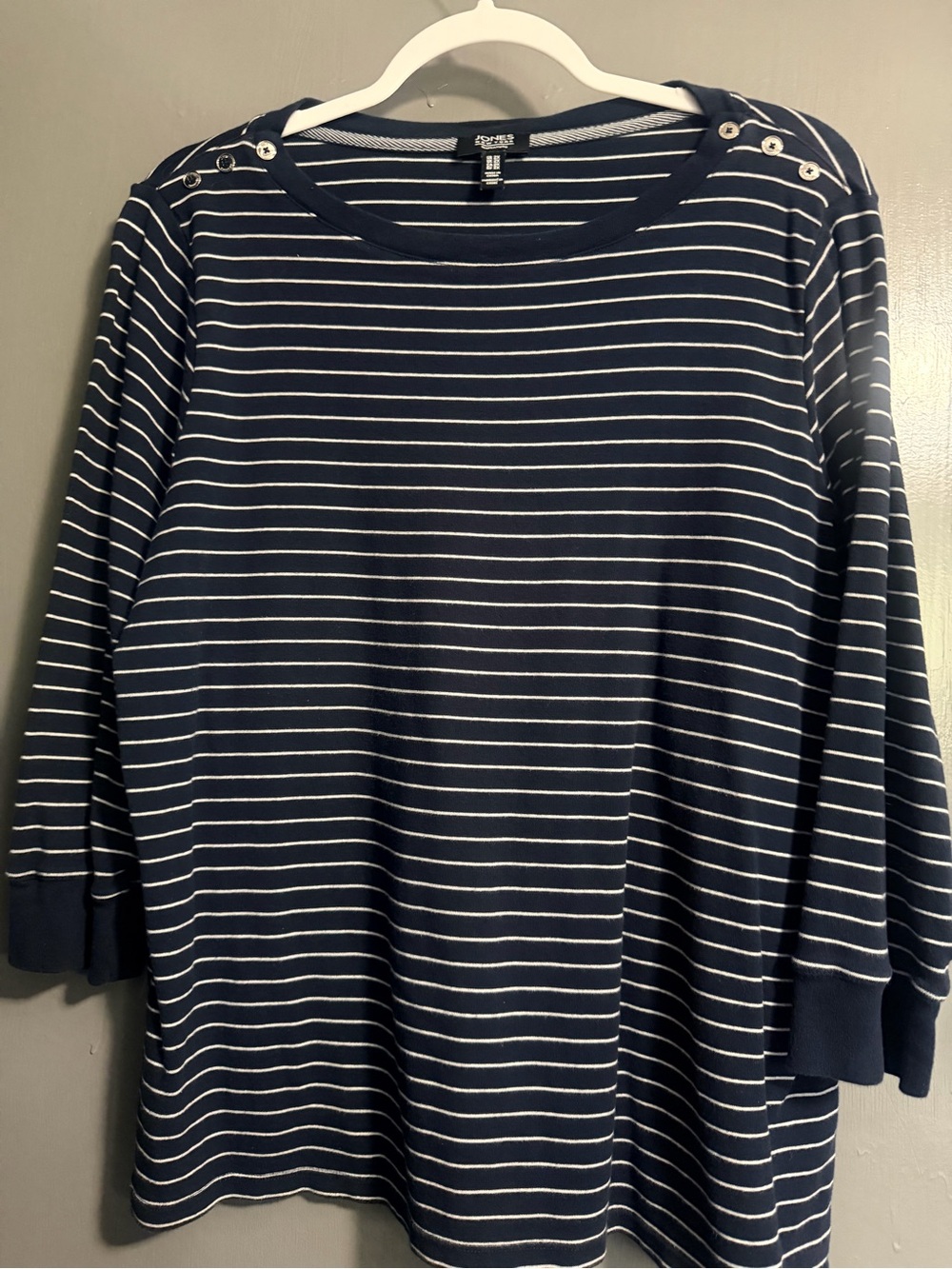 Jones New York Navy and White Striped Long Sleeve Top with Shoulder Buttons 2X